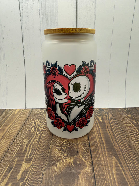 16 oz. Jack and Sally Heart Glass Can Cup